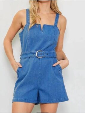 Skies Are Blue- Blue Denim Belted Romper - Women Jeans